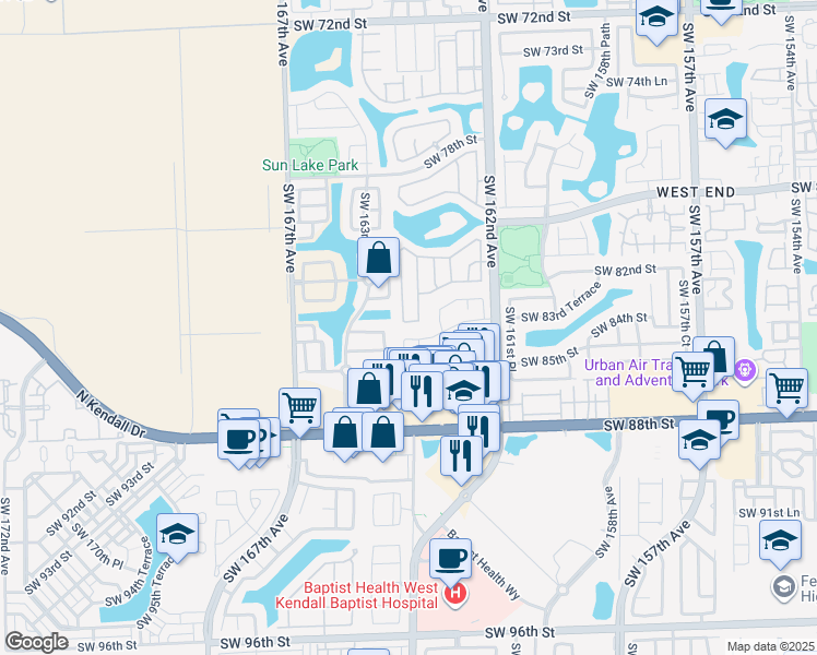 map of restaurants, bars, coffee shops, grocery stores, and more near 16339 Southwest 83rd Lane in Miami