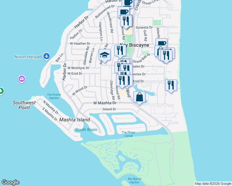 map of restaurants, bars, coffee shops, grocery stores, and more near 748 Glenridge Road in Key Biscayne