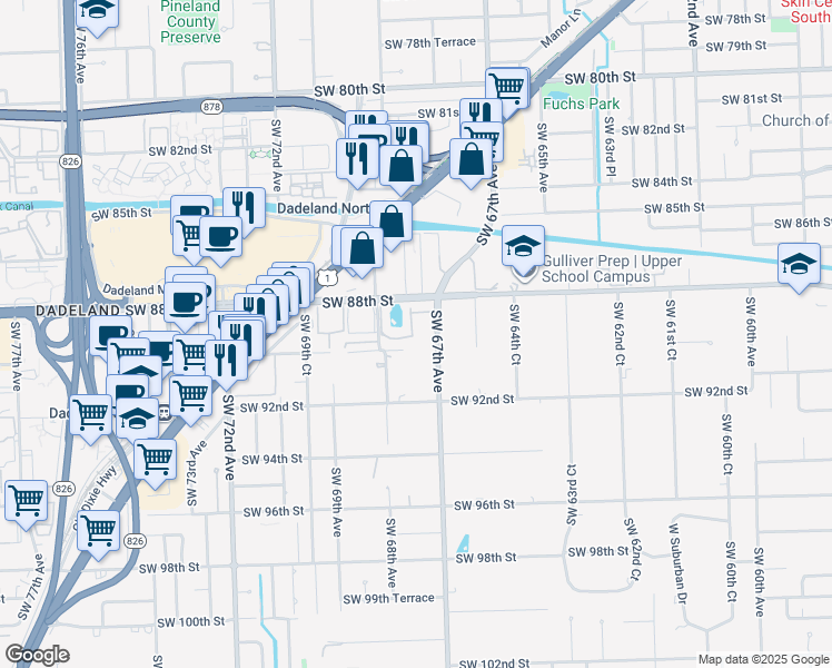 map of restaurants, bars, coffee shops, grocery stores, and more near 8940 Southwest 67th Avenue in Miami