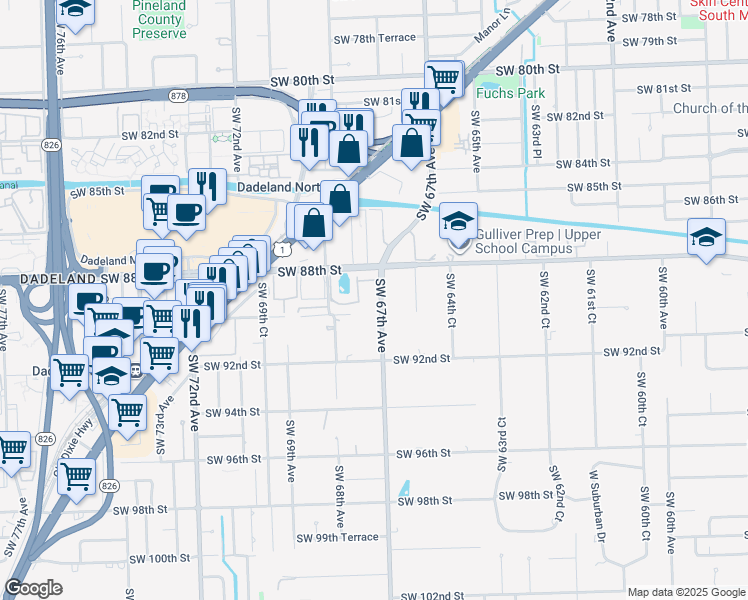 map of restaurants, bars, coffee shops, grocery stores, and more near 8940 Southwest 67th Avenue in Miami