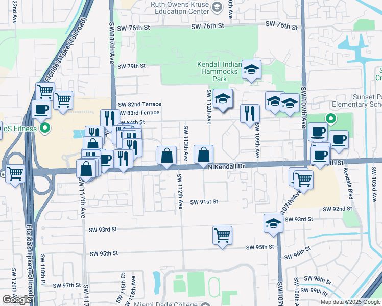 map of restaurants, bars, coffee shops, grocery stores, and more near 8675 Southwest 113th Avenue in Miami