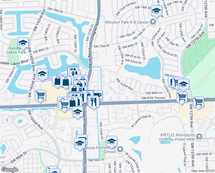 map of restaurants, bars, coffee shops, grocery stores, and more near 8520 Southwest 133rd Avenue in Miami