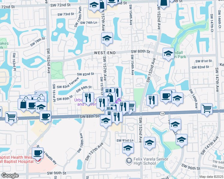 map of restaurants, bars, coffee shops, grocery stores, and more near 201 Southwest 156th Place in Miami