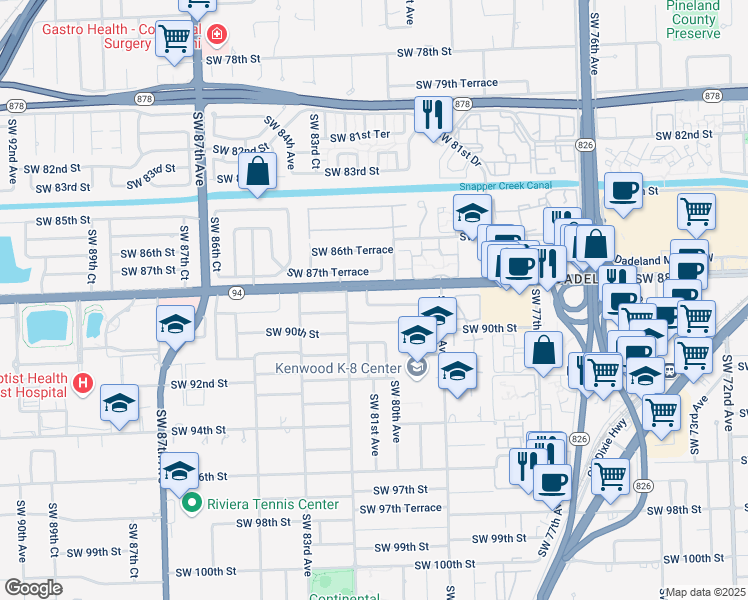 map of restaurants, bars, coffee shops, grocery stores, and more near 8045 Southwest 89th Street in Miami