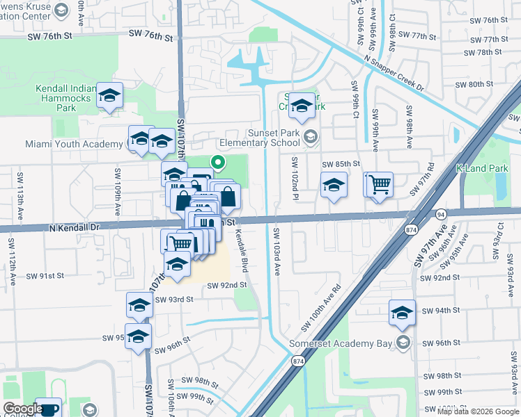 map of restaurants, bars, coffee shops, grocery stores, and more near 10305 Southwest 88th Street in Miami