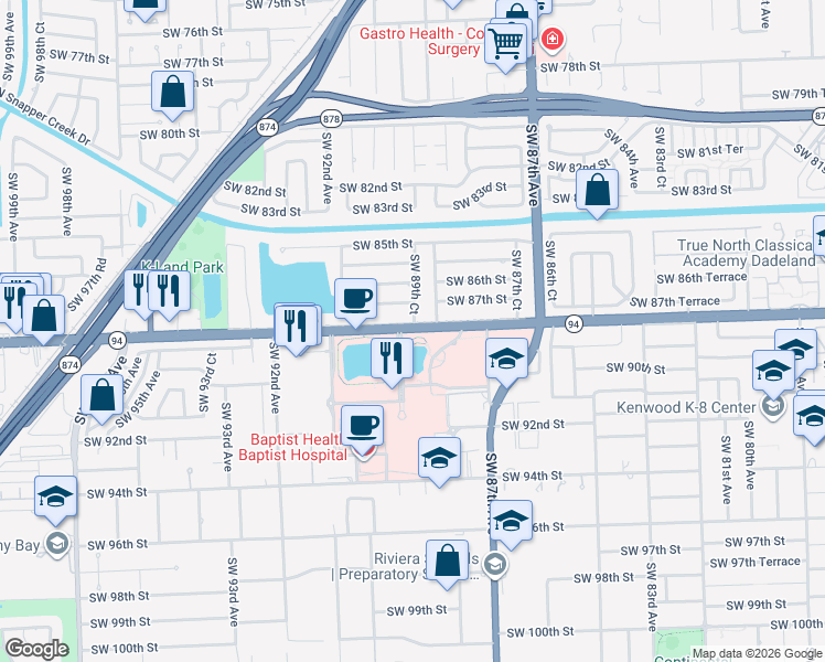 map of restaurants, bars, coffee shops, grocery stores, and more near 8840 Southwest 88th Street in Miami