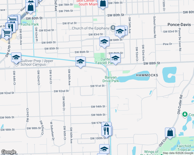 map of restaurants, bars, coffee shops, grocery stores, and more near 5799 Southwest 91st Street in Miami