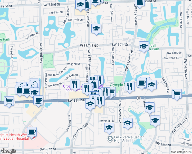 map of restaurants, bars, coffee shops, grocery stores, and more near 201 Southwest 156th Place in Miami