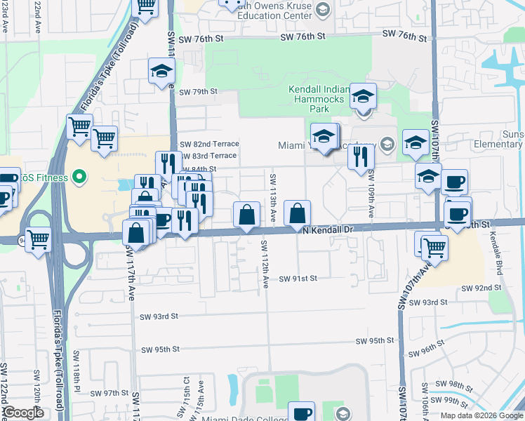 map of restaurants, bars, coffee shops, grocery stores, and more near 8675 Southwest 113th Avenue in Miami