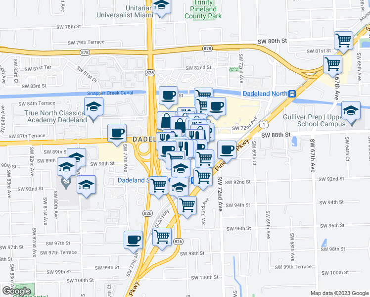 map of restaurants, bars, coffee shops, grocery stores, and more near Southwest 73rd Court in Kendall