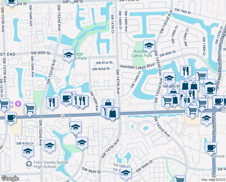 map of restaurants, bars, coffee shops, grocery stores, and more near 8431 Southwest 147th Place in Miami