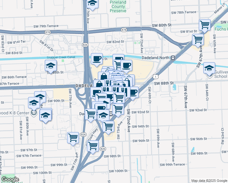 map of restaurants, bars, coffee shops, grocery stores, and more near 8905 Dadeland Boulevard in Kendall