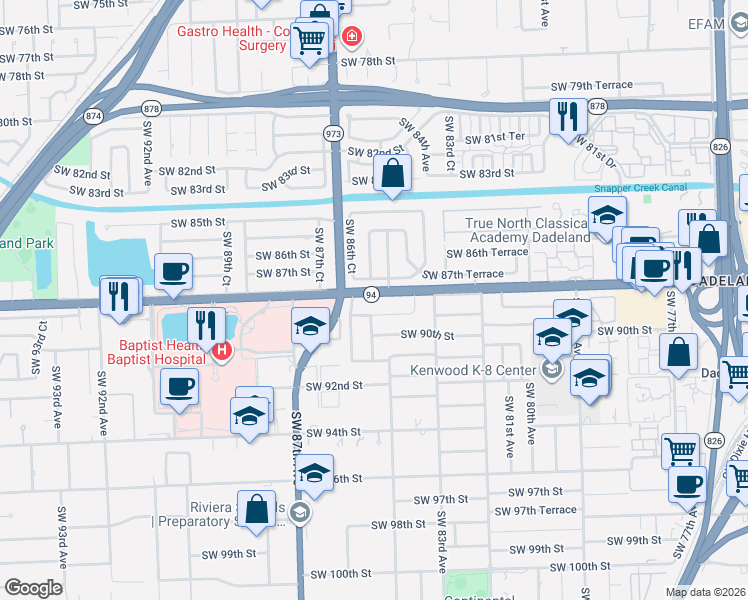 map of restaurants, bars, coffee shops, grocery stores, and more near 8455 Southwest 89th Street in Miami
