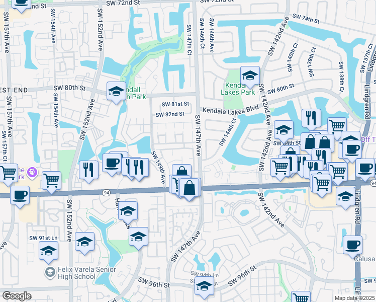 map of restaurants, bars, coffee shops, grocery stores, and more near 8431 Southwest 147th Place in Miami