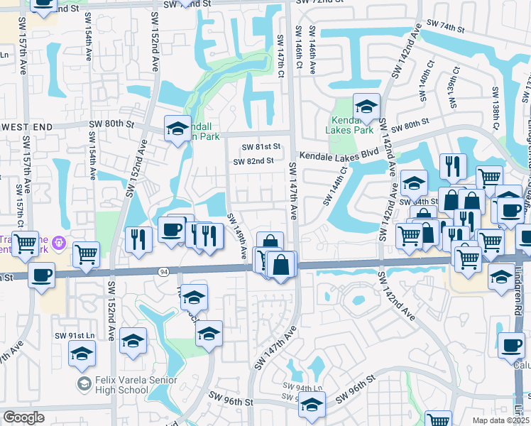 map of restaurants, bars, coffee shops, grocery stores, and more near 8431 Southwest 147th Place in Miami