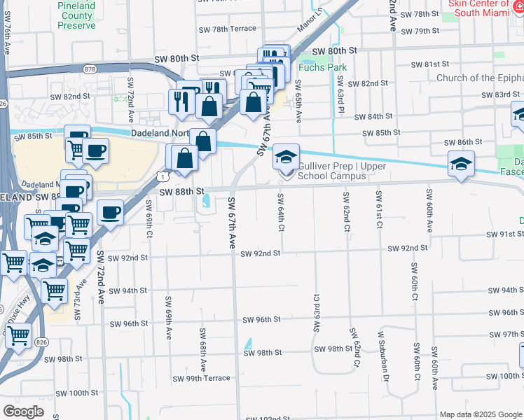 map of restaurants, bars, coffee shops, grocery stores, and more near 8941 Southwest 65th Court in Pinecrest