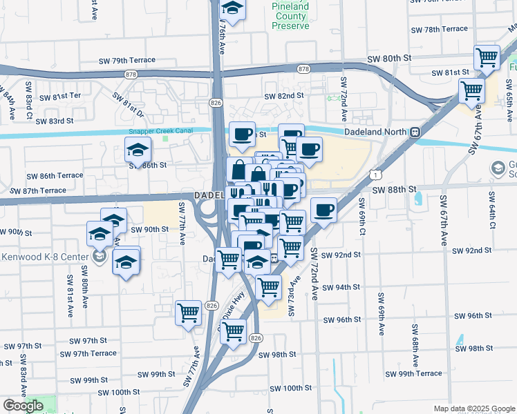 map of restaurants, bars, coffee shops, grocery stores, and more near 7350 Southwest 89th Street in Miami