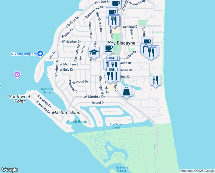 map of restaurants, bars, coffee shops, grocery stores, and more near 726 Crandon Boulevard in Key Biscayne