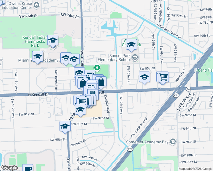 map of restaurants, bars, coffee shops, grocery stores, and more near 10491 Florida 94 in Miami