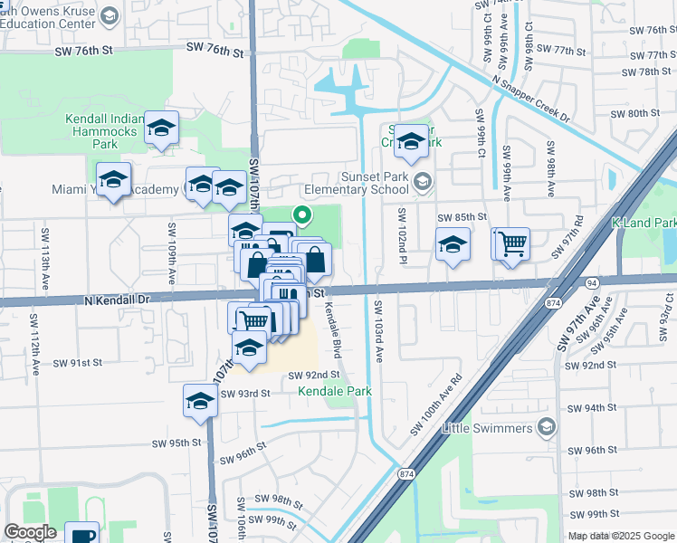 map of restaurants, bars, coffee shops, grocery stores, and more near 10401 North Kendall Drive in Miami