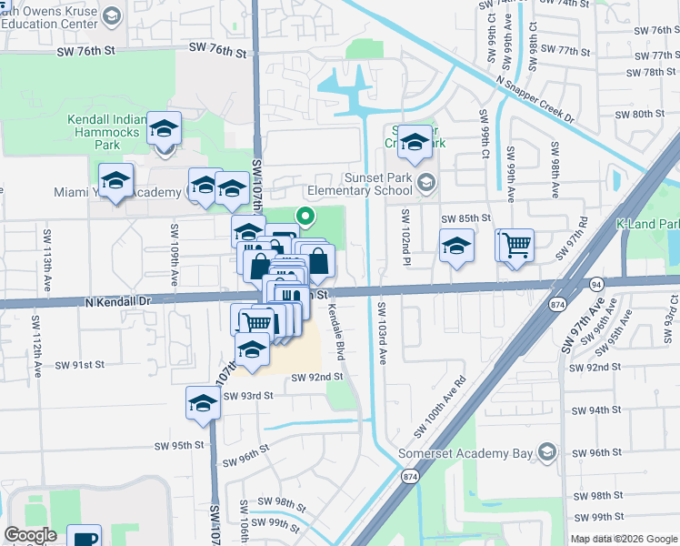 map of restaurants, bars, coffee shops, grocery stores, and more near 10491 Florida 94 in Miami