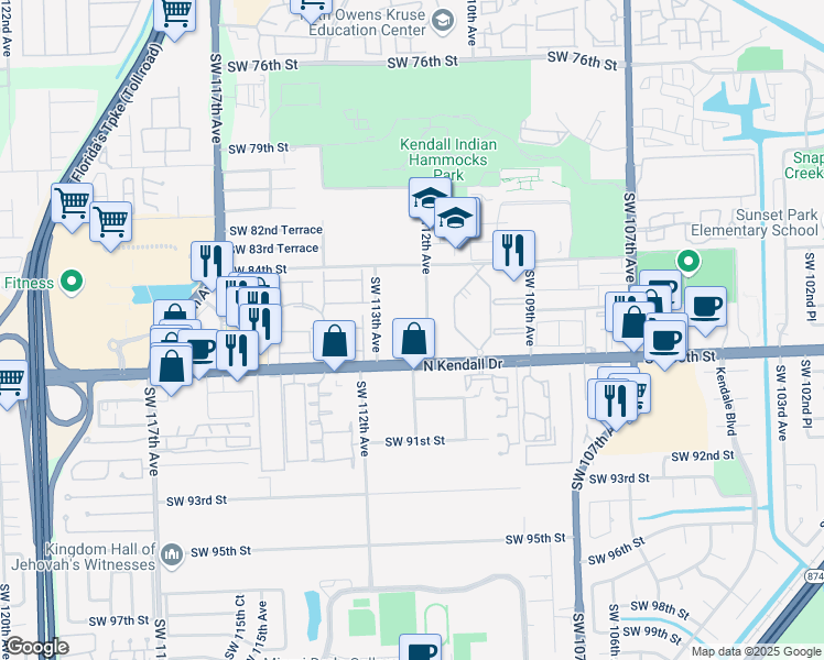 map of restaurants, bars, coffee shops, grocery stores, and more near 11207 North Kendall Drive in Miami