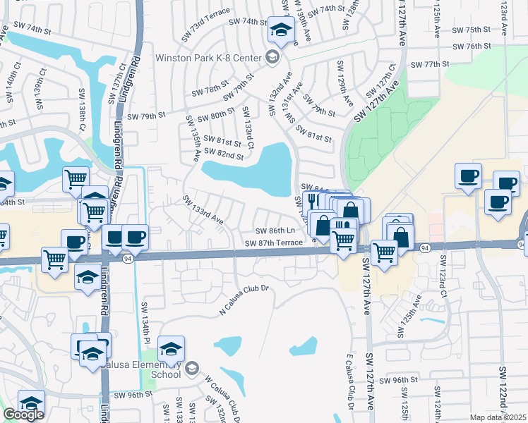 map of restaurants, bars, coffee shops, grocery stores, and more near 8545 Southwest 133rd Court in Miami