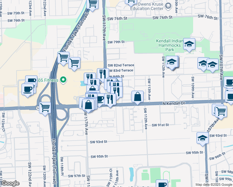 map of restaurants, bars, coffee shops, grocery stores, and more near 11543 North Kendall Drive in Miami