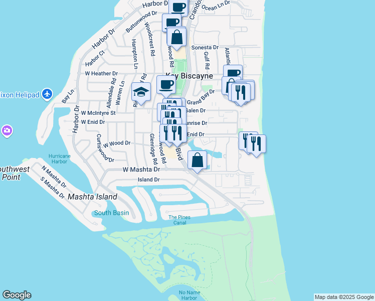 map of restaurants, bars, coffee shops, grocery stores, and more near 721 Crandon Boulevard in Key Biscayne
