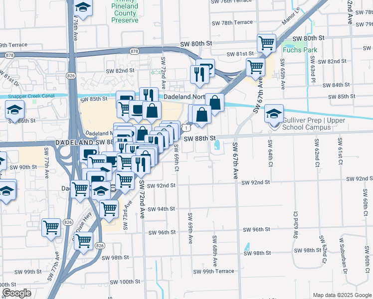 map of restaurants, bars, coffee shops, grocery stores, and more near 6890 North Kendall Drive in Pinecrest