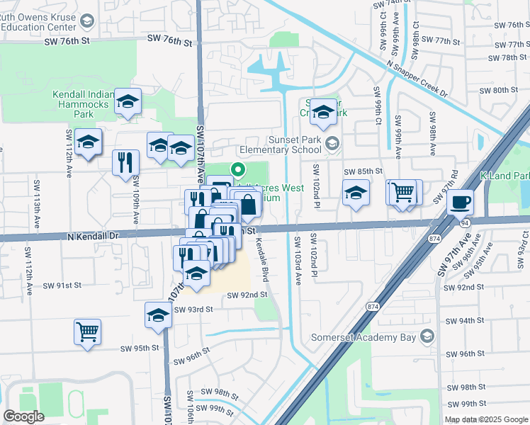 map of restaurants, bars, coffee shops, grocery stores, and more near 10491 Florida 94 in Miami