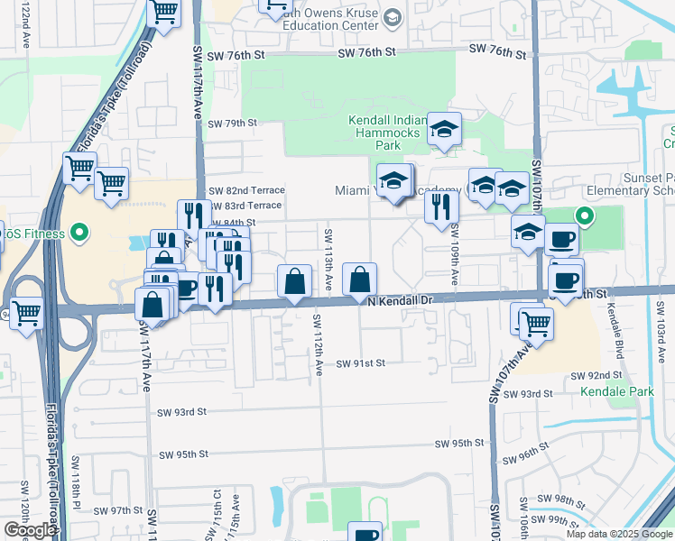 map of restaurants, bars, coffee shops, grocery stores, and more near 8675 Southwest 113th Avenue in Miami