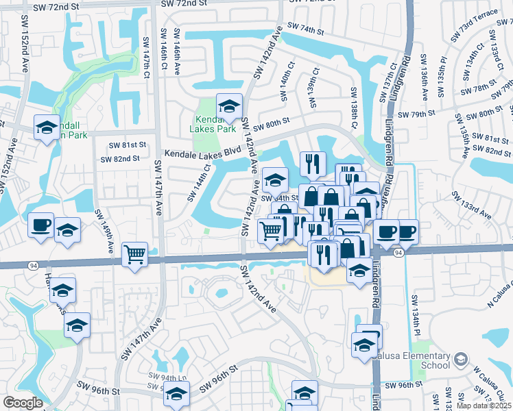 map of restaurants, bars, coffee shops, grocery stores, and more near 14180 Southwest 84th Street in Miami