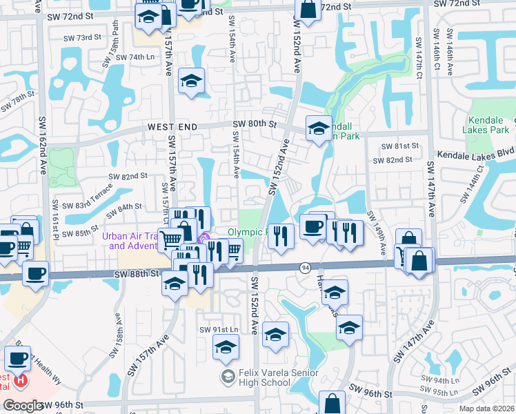 map of restaurants, bars, coffee shops, grocery stores, and more near 8394 Southwest 152nd Avenue Circle in Miami