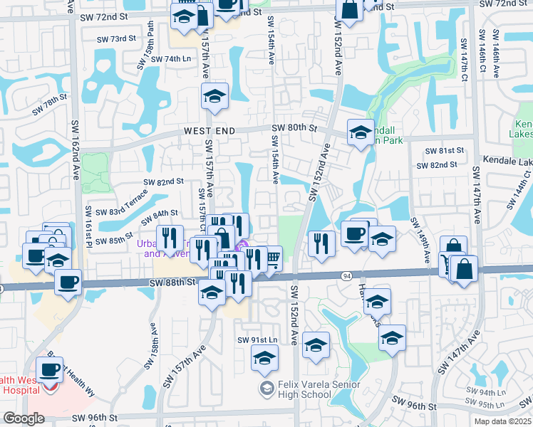 map of restaurants, bars, coffee shops, grocery stores, and more near 8430 Southwest 154th Circle Court in Miami