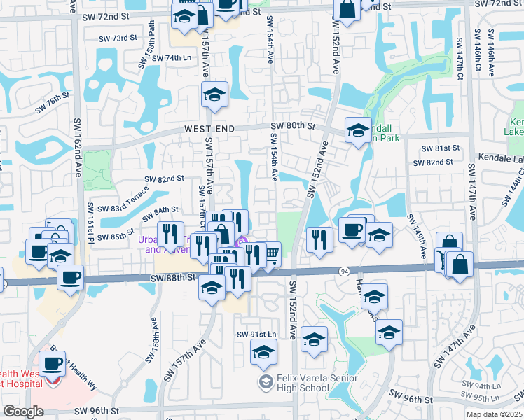 map of restaurants, bars, coffee shops, grocery stores, and more near 8430 Southwest 154th Circle Court in Miami