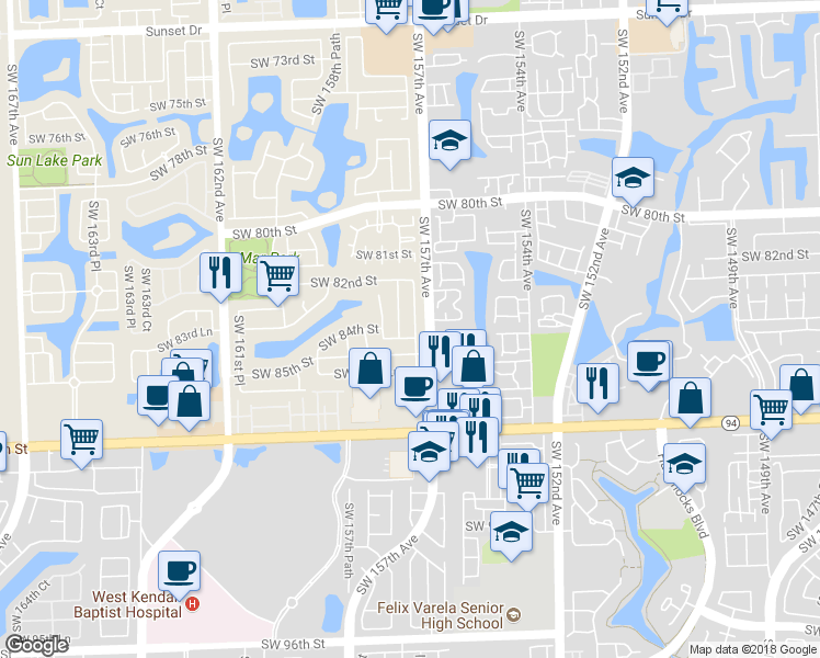 map of restaurants, bars, coffee shops, grocery stores, and more near 8410 Southwest 157th Court in Miami