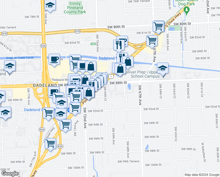 map of restaurants, bars, coffee shops, grocery stores, and more near 8990 Southwest 68th Place in Miami