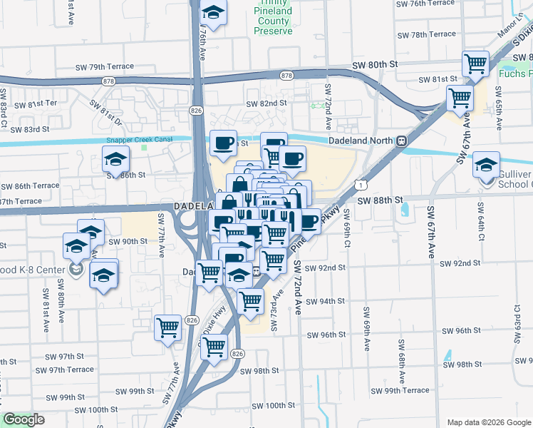 map of restaurants, bars, coffee shops, grocery stores, and more near 8905 Dadeland Boulevard in Kendall