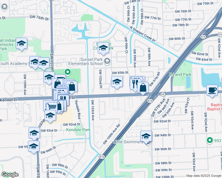 map of restaurants, bars, coffee shops, grocery stores, and more near 10201 North Kendall Drive in Miami