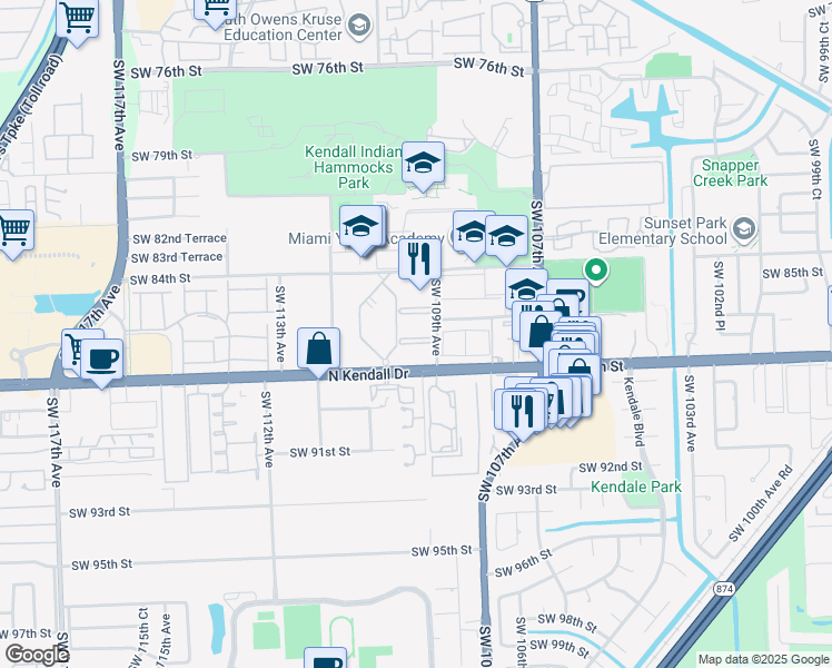 map of restaurants, bars, coffee shops, grocery stores, and more near 10903 Southwest 88th Street in Miami