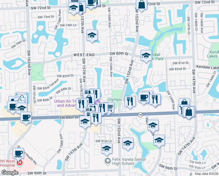 map of restaurants, bars, coffee shops, grocery stores, and more near 411 Southwest 154th Circle Court in Miami