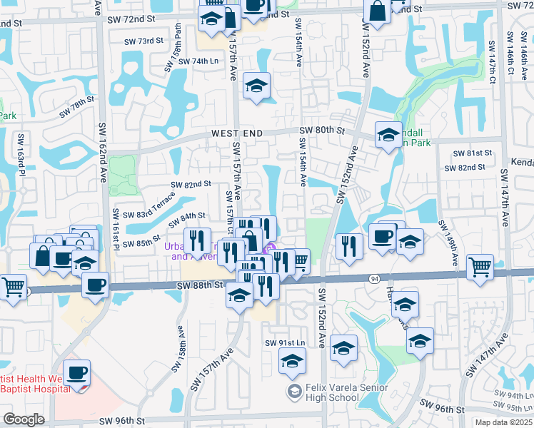 map of restaurants, bars, coffee shops, grocery stores, and more near 201 Southwest 156th Place in Miami