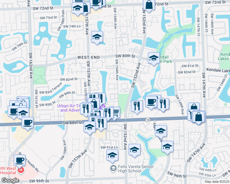 map of restaurants, bars, coffee shops, grocery stores, and more near 411 Southwest 154th Circle Court in Miami