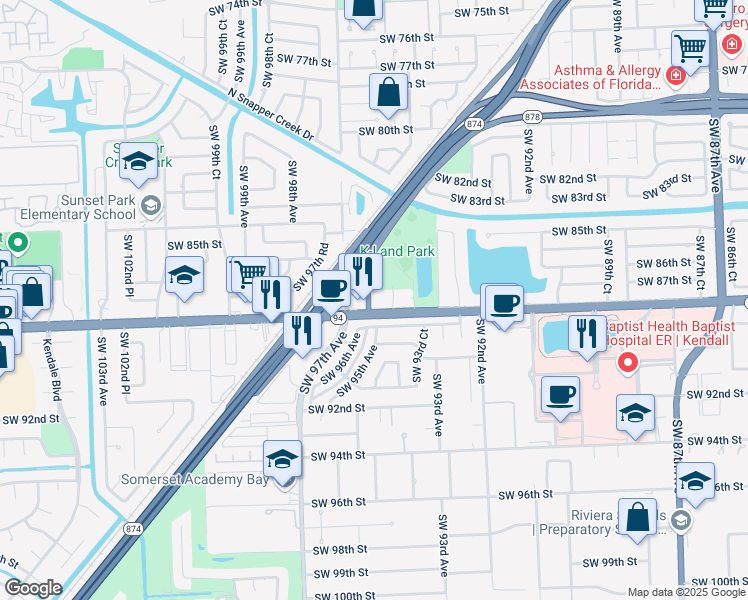 map of restaurants, bars, coffee shops, grocery stores, and more near 9590 Southwest 88th Street in Miami