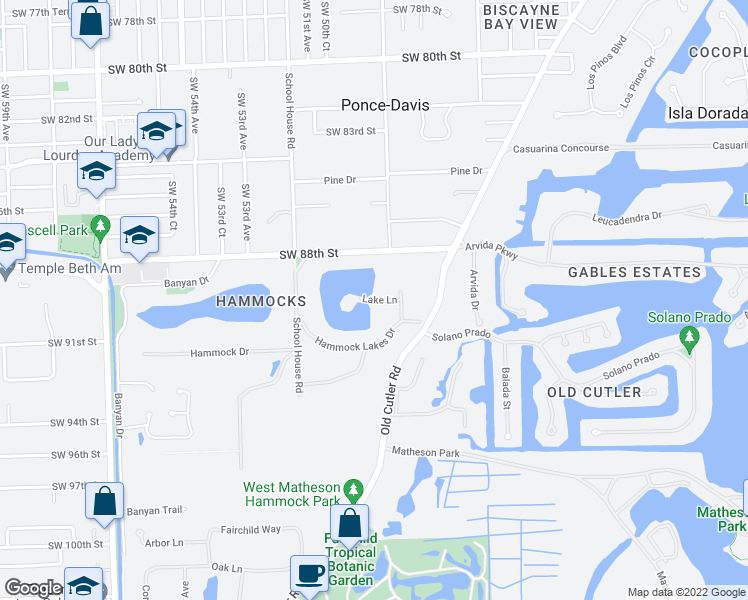 map of restaurants, bars, coffee shops, grocery stores, and more near Lake Lane in Miami