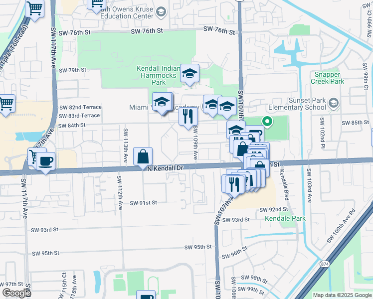 map of restaurants, bars, coffee shops, grocery stores, and more near 10903 Southwest 88th Street in Miami