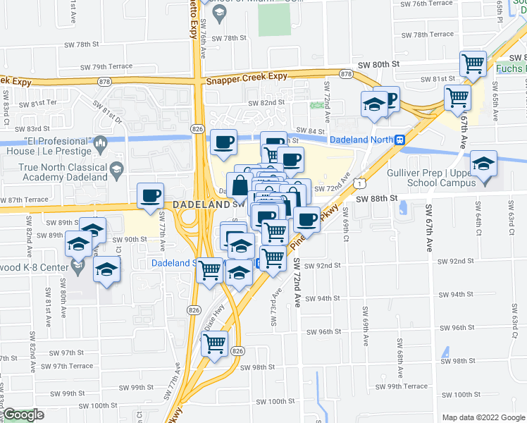 map of restaurants, bars, coffee shops, grocery stores, and more near 8905 Dadeland Boulevard in Kendall