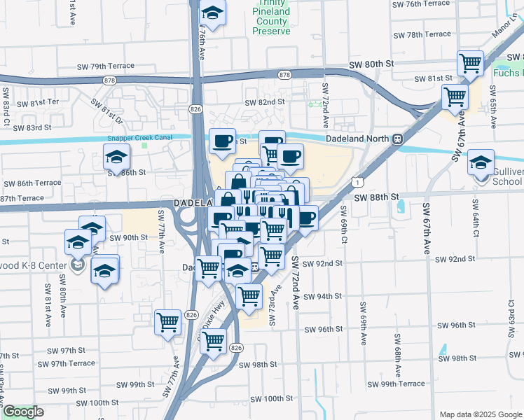 map of restaurants, bars, coffee shops, grocery stores, and more near 7270 Southwest 88th Street in Miami