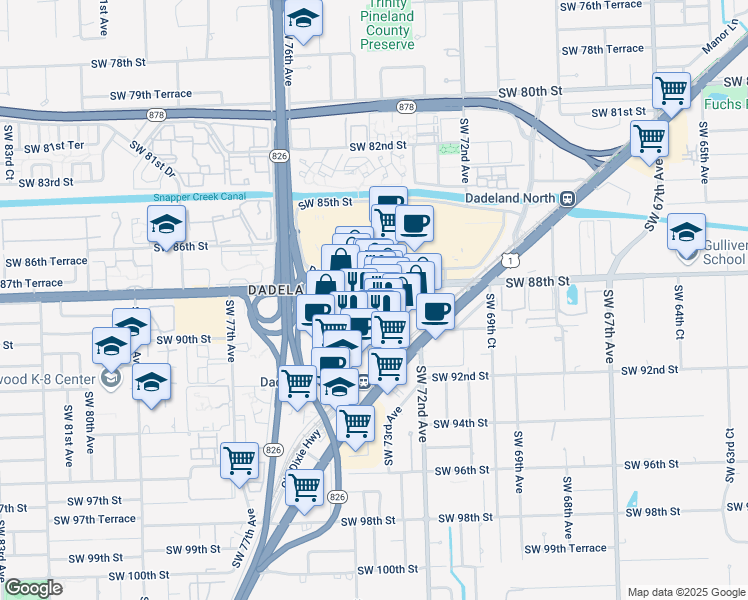 map of restaurants, bars, coffee shops, grocery stores, and more near 8905 Dadeland Boulevard in Kendall